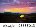 Camping with Yellow tent under the beautiful sky in the morning before the sunrise, Lampang, Thailand. 96655013