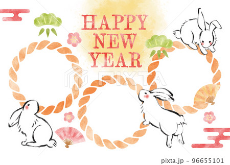 卯年の年賀状、筆書き、和風、年賀状フォトフレーム、テンプレート 卯年の年賀状、筆書き、和風、年賀状フォトフレーム、テンプレート 96655101