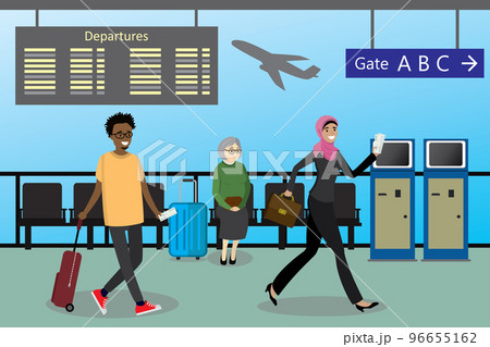 Cartoon People with suitcases and bags at the airport Cartoon People with suitcases and bags at the airport 96655162