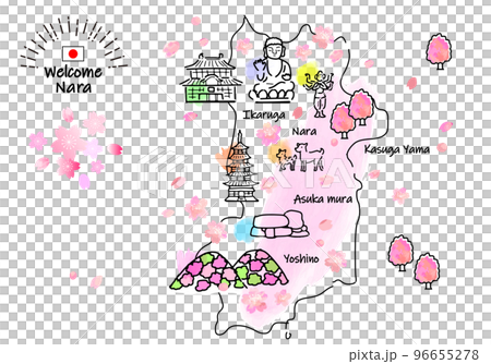 春季奈良縣旅遊景點簡筆劃插畫圖（粉色） 96655278