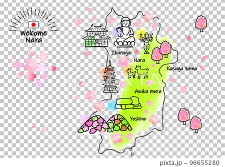 Simple line drawing illustration map of tourist spots in Nara Prefecture in spring (green) 96655280