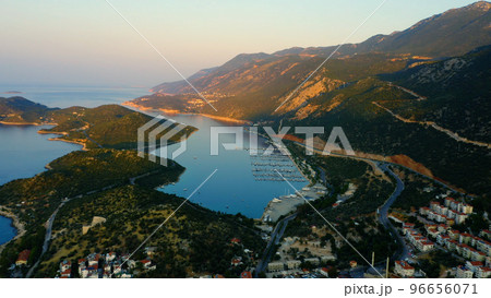 Town of Kas surrounded by sea bay and mountains. Aerial view from above. Travel to Turkey. Town of Kas surrounded by sea bay and mountains. Aerial view from above. Travel to Turkey. 96656071