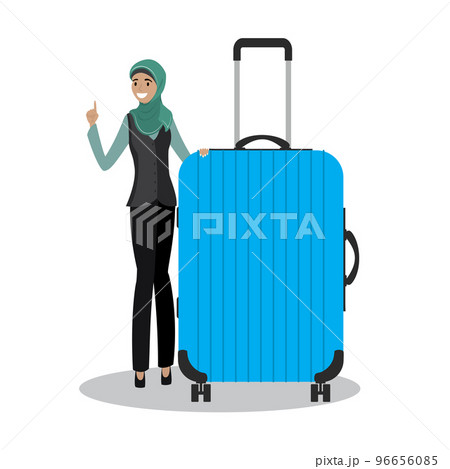 young arabic female holding blue modern suitcase 96656085