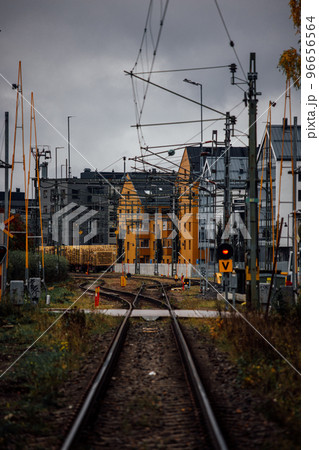 A railroad in a Swedish city in September 96656564