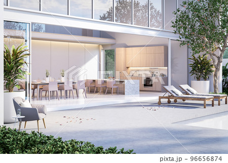 Modern style terrace with dining room and kitchen in modern style white house background 3D render 96656874