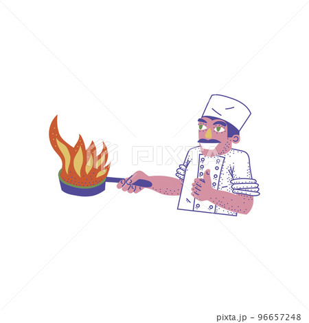 Man cooking, flambe technique in a pan. Colorful flat waist portrait illustration of a professional chef with thumbs up gesture. Isolated on white background. 96657248