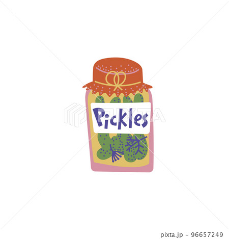 Jar of pickles illustration. Colorful flat clipart of home-made preserves with a label. Isolated on white background. 96657249