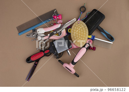 Tool for the groomer on a beige background. Dog grooming accessories. Combs and brushes for animals. View from above 96658122