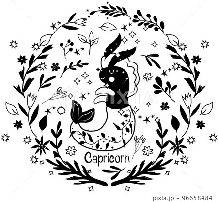 Black and white Capricorn Zodiac in a colorful wreath of leaves, flowers and stars around. Capricorn perfect for posters, logo, cards. Astrological Capricorn zodiac. Vector illustration. Black and white Capricorn Zodiac in a colorful wreath of leaves, flowers and stars around. Capricorn perfect for posters, logo, cards. Astrological Capricorn zodiac. Vector illustration. 96658484