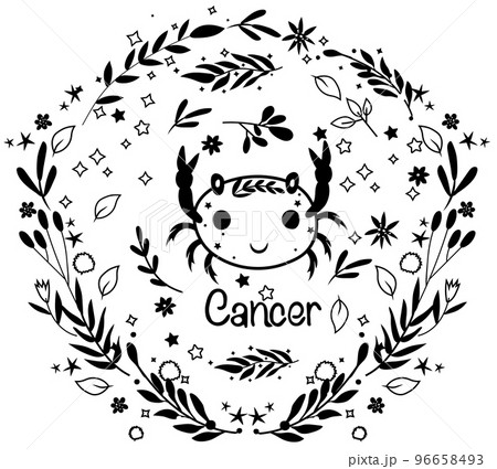 Black and white Cancer. Cute Zodiac in a colorful wreath of leaves, flowers and stars around. Cute Cancer perfect for posters, logo, cards. Astrological Cancer zodiac. Vector illustration 96658493