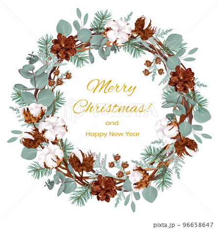 Christmas wreath made of vines, with cotton flowers, eucalyptus, fir branches and cones, thuja. 96658647