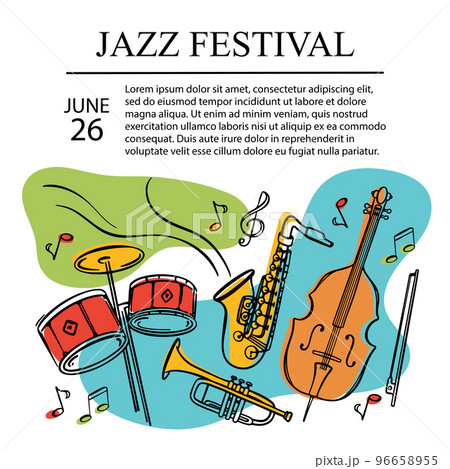 JAZZ FESTIVAL Square Banner Musical Concert Poster With Cello Saxophone Trumpet And Drums Invitation Text Abstract Colorful Background Hand Drawn Vector Sketch 96658955