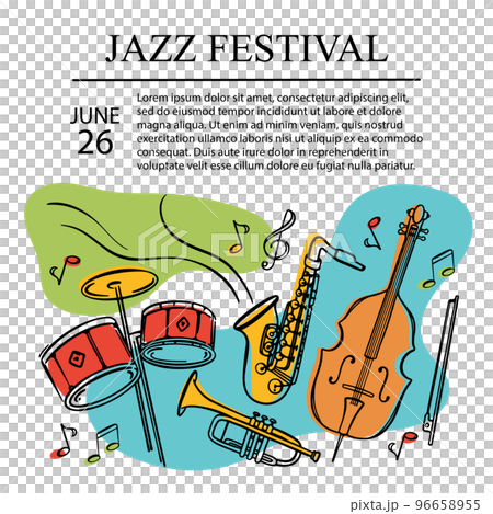 JAZZ FESTIVAL Square Banner Musical Concert Poster With Cello Saxophone Trumpet And Drums Invitation Text Abstract Colorful Background Hand Drawn Vector Sketch 96658955