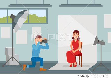 Woman at Photo Shoot or Photo Session Sitting on Chair Posing In front Of Camera Vector Illustration Woman at Photo Shoot or Photo Session Sitting on Chair Posing In front Of Camera Vector Illustration 96659196