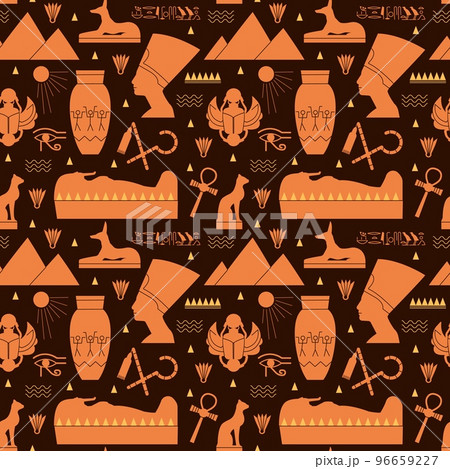 Ancient egypt golden pharaon and sarkofag. Egyptian seamless pattern, ankh and goddess head. Ethnic mythology decent vector background 96659227