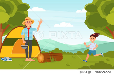 Woman with Daughter Camping at Nature Resting in Tent in Forest Vector Illustration 96659228