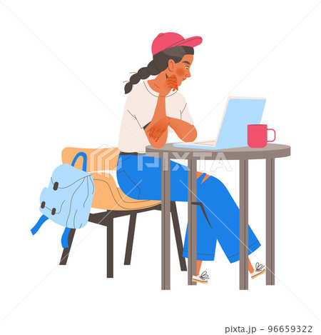 Female Student Character at Desk with Laptop Learning Vector Illustration Female Student Character at Desk with Laptop Learning Vector Illustration 96659322