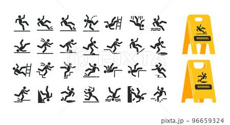 Set Of Warning Silhouettes, Caution Symbols With Falling Stick Man Figure. Fall Down Stairs, Over The Edge, Wet Floor 96659324