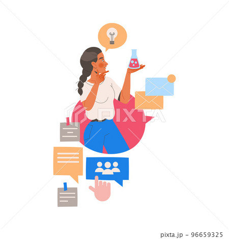 Female Student Character Learning Multitasking Switching Between Different Activities Vector Illustration 96659325