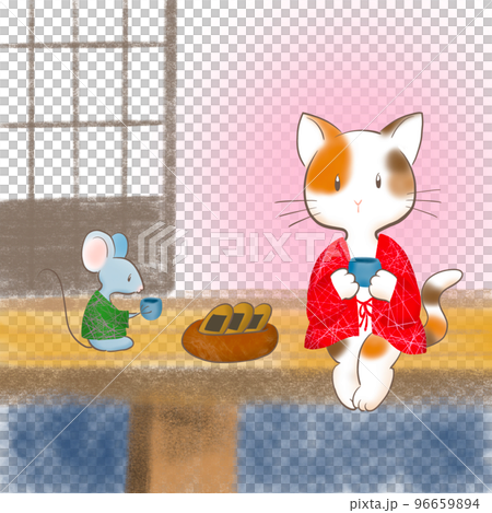 n貓和老鼠在廊下悠閒喝茶插畫 96659894