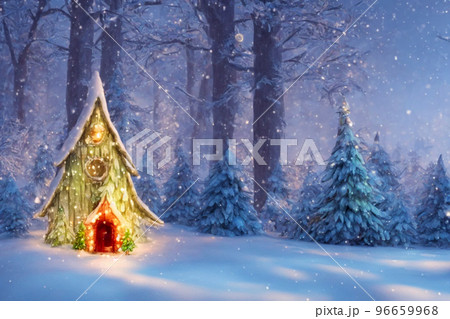 Abstract toy castle. Fairy hut. Christmas winter background. 3d image Abstract toy castle. Fairy hut. Christmas winter background. 3d image 96659968