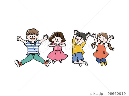 子供たち　友達　イラスト　ジャンプ　 元気 96660019