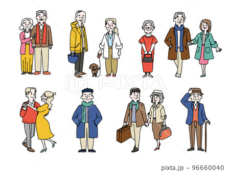 カジュアルでおしゃれなファッションを楽しむ老人と老夫婦のセット ゆるい線画の人物イラスト カジュアルでおしゃれなファッションを楽しむ老人と老夫婦のセット ゆるい線画の人物イラスト 96660040