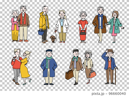 カジュアルでおしゃれなファッションを楽しむ老人と老夫婦のセット ゆるい線画の人物イラスト カジュアルでおしゃれなファッションを楽しむ老人と老夫婦のセット ゆるい線画の人物イラスト 96660040