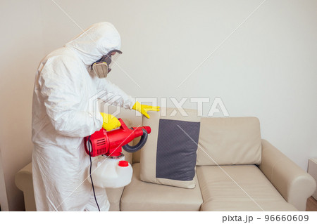 pest control worker in uniform spraying pesticides under couch in living lounge room 96660609