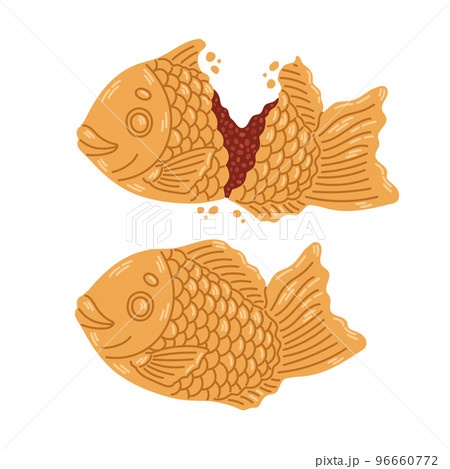 Taiyaki japanese bakery. Fish-shaped cake with red bean filling. Japanese street food. Cartoon vector illustration. 96660772