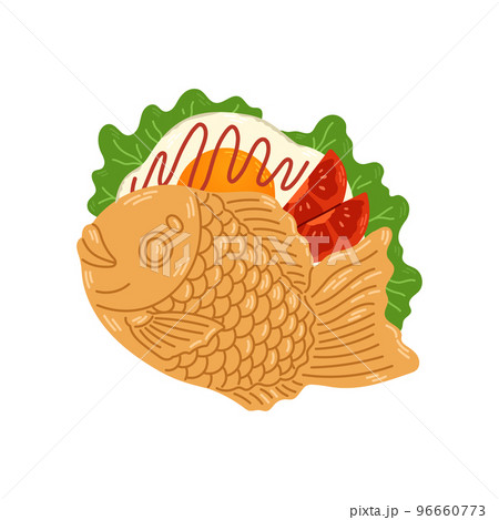 Taiyaki sandwich japanese bakery. Fish-shaped cake with salad, egg, tomato. Japanese street food. Cartoon vector. 96660773