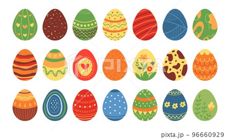 Flat easter isolated eggs. Sweet table decoration, spring festival egg decor templates. Holy holiday classy vector stickers, doodle creative food 96660929