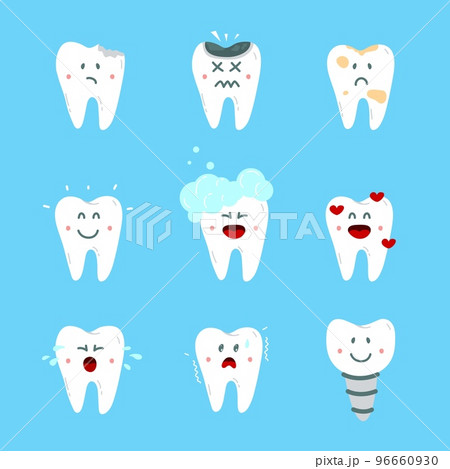Cute comic teeth mascots, cartoon tooth characters. Children stomatology set, shiny and dirty dental elements. Unhappy decay and clean oral classy vector character 96660930