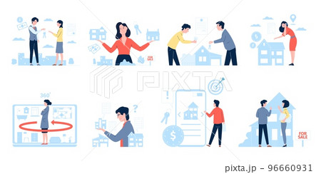 Search real estate property projects. Searching house or apartment, building on website aggregates. Properties for students, recent mortgage service vector set 96660931
