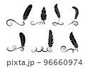 Black feathers written calligraphy elements. Isolated swirls, flourish filigree lines with feather. Vector graphic design, vintage letters tails 96660974