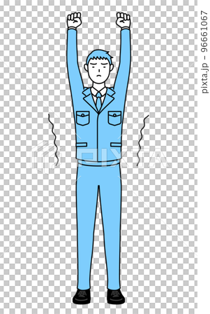 A simple line drawing of a man wearing work clothes that stretches 96661067