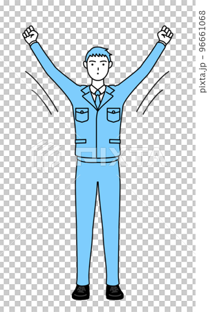 A simple line drawing of a man wearing work clothes doing radio calisthenics 96661068