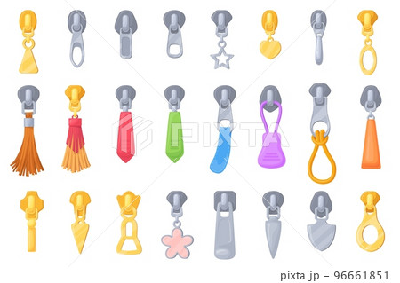 Zipper pulls. Zippers puller with leather tassel on cord for zip backpack, elegant puller golden metal clasp luggage or handbags slider buckle accessories, neat vector illustration 96661851