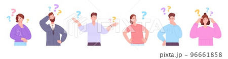 Indecisive people. Cant woman asking question, dissatisfied businessman find decision, hesitate girl with doubt face and hands ask help, think choice concept vector illustration Indecisive people. Cant woman asking question, dissatisfied businessman find decision, hesitate girl with doubt face and hands ask help, think choice concept vector illustration 96661858