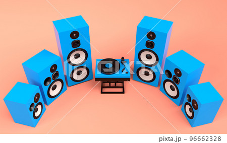 Set of Hi-fi speakers and DJ turntable for sound recording studio on coral 96662328