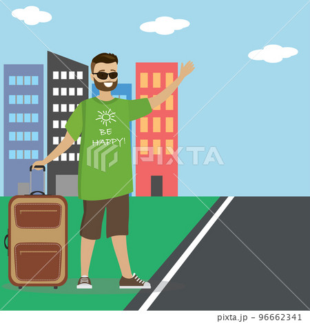 Caucasian man with suitcase hitchhiking Caucasian man with suitcase hitchhiking 96662341