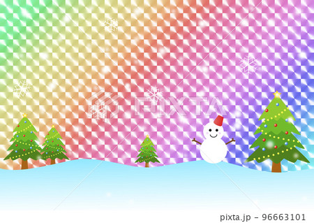 クリスマスイメージ。雪だるまとクリスマスツリーと虹色グラデーション背景。 96663101