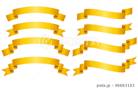 カーブのついたグラデーションりぼんラベル8種セットのイラスト（黄色） 96663103