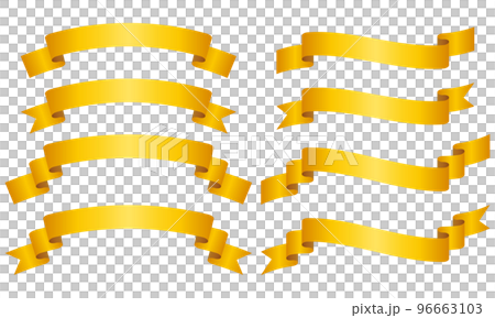 Illustration of a set of 8 types of curved gradation ribbon labels (yellow) 96663103