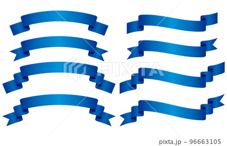 カーブのついたグラデーションりぼんラベル8種セットのイラスト（青） 96663105