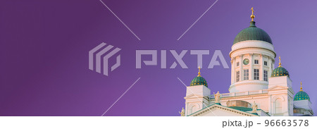 Helsinki, Finland. Very Peri Starry Sky. Close Up Of Lutheran Cathedral On Senate Square. Famous Landmark In Finnish Capital. Bright Dramatic Light Purple Sky 96663578