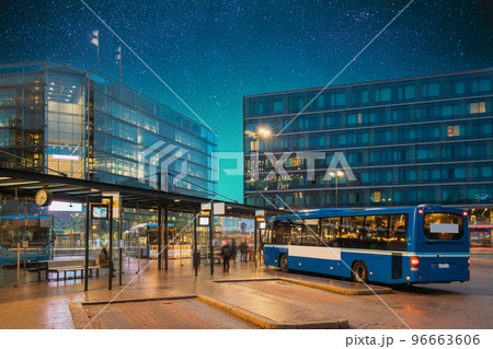 Helsinki, Finland. Bus Is At Stop On Helsinki Railway Square. Bright Blue Starry Sky Above Square Serves As Helsinki Secondary Bus Station And Main Kamppi Center Bus Station. Light Blue Dramatic Sky 96663606
