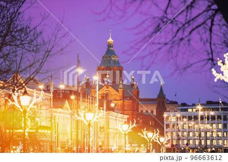 Helsinki, Finland. Very Peri Starry Sky Above Uspenski Cathedral On Hill In Evening Or Night Illuminations Lights. Tourist Destination. Eastern Orthodox Cathedral Of Theotokos - Virgin Mary 96663612