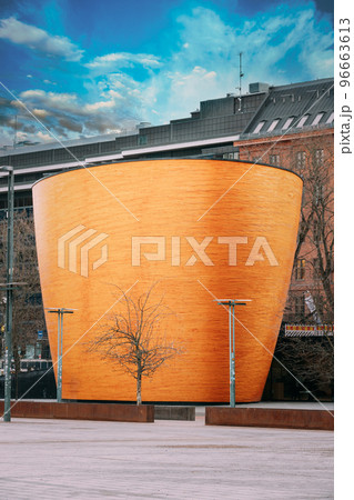 Helsinki, Finland. Bright Blue Cloudy Sky Above Kamppi Chapel Also Known As Chapel Of Silence Located On Narinkka Square. Light Blue Dramatic Sky 96663613