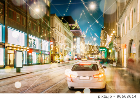 Helsinki, Finland. Taxi Car Parking On Aleksanterinkatu Street. Effect Bokeh Xmas Christmas Lights Decorations And Festive Illumination. Winter Christmas Xmas Holiday Season. Boke View 96663614